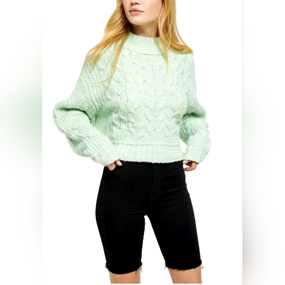 Free People Merry Go Round Cable Knit Sweater Women's XS Mint Oversized Cropped - Picture 13 of 13